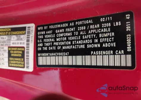 2012 Volkswagen Eos Komfort from USA, damaged, VIN WVWBW7AH4CV002247